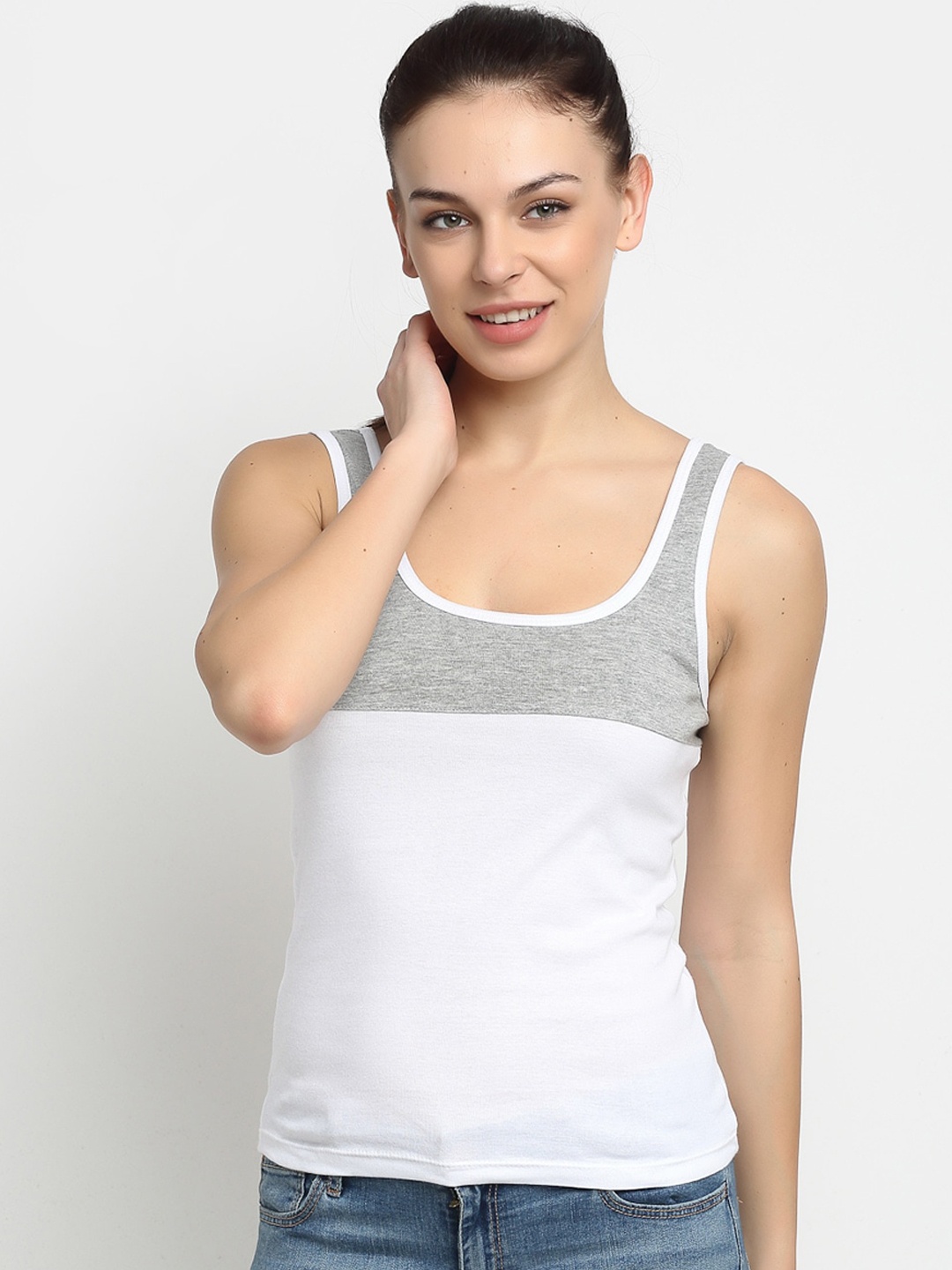 

Friskers White Colourblocked Pure Cotton Tank Top