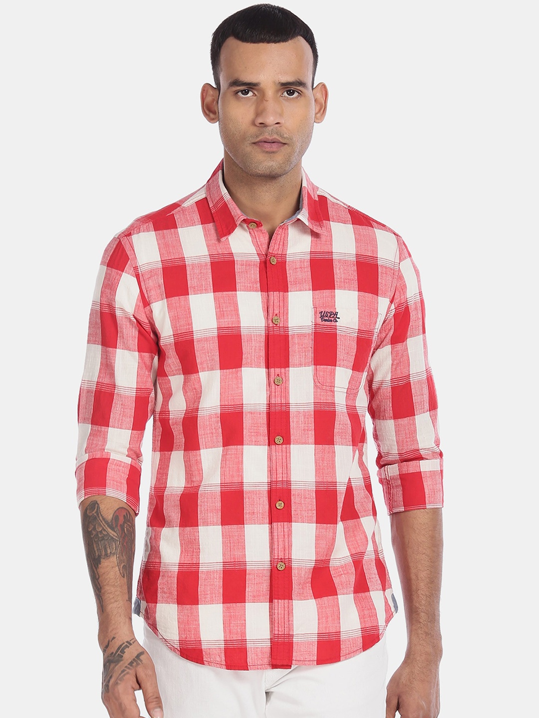 

U.S. Polo Assn. Denim Co. Men Red & White Regular Fit Checked Casual Shirt