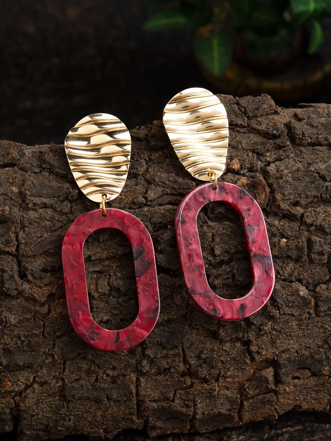 

E2O Maroon & Gold-Plated Geometric Drop Earrings