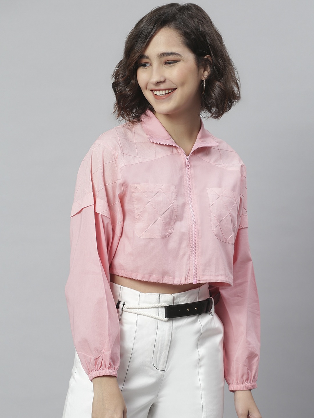 

KASSUALLY Pink Shirt Style Crop Top