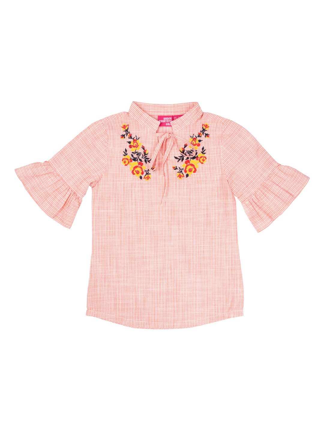 

UNDER FOURTEEN ONLY Peach-Coloured Floral Embroidered Mandarin Collar Regular Top