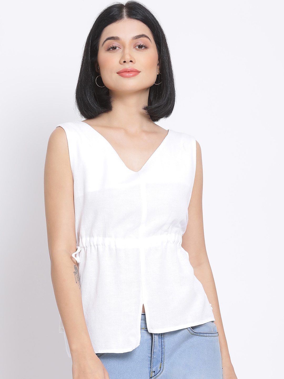 

Oxolloxo White High Low Tie-Up Cinched Waist Top