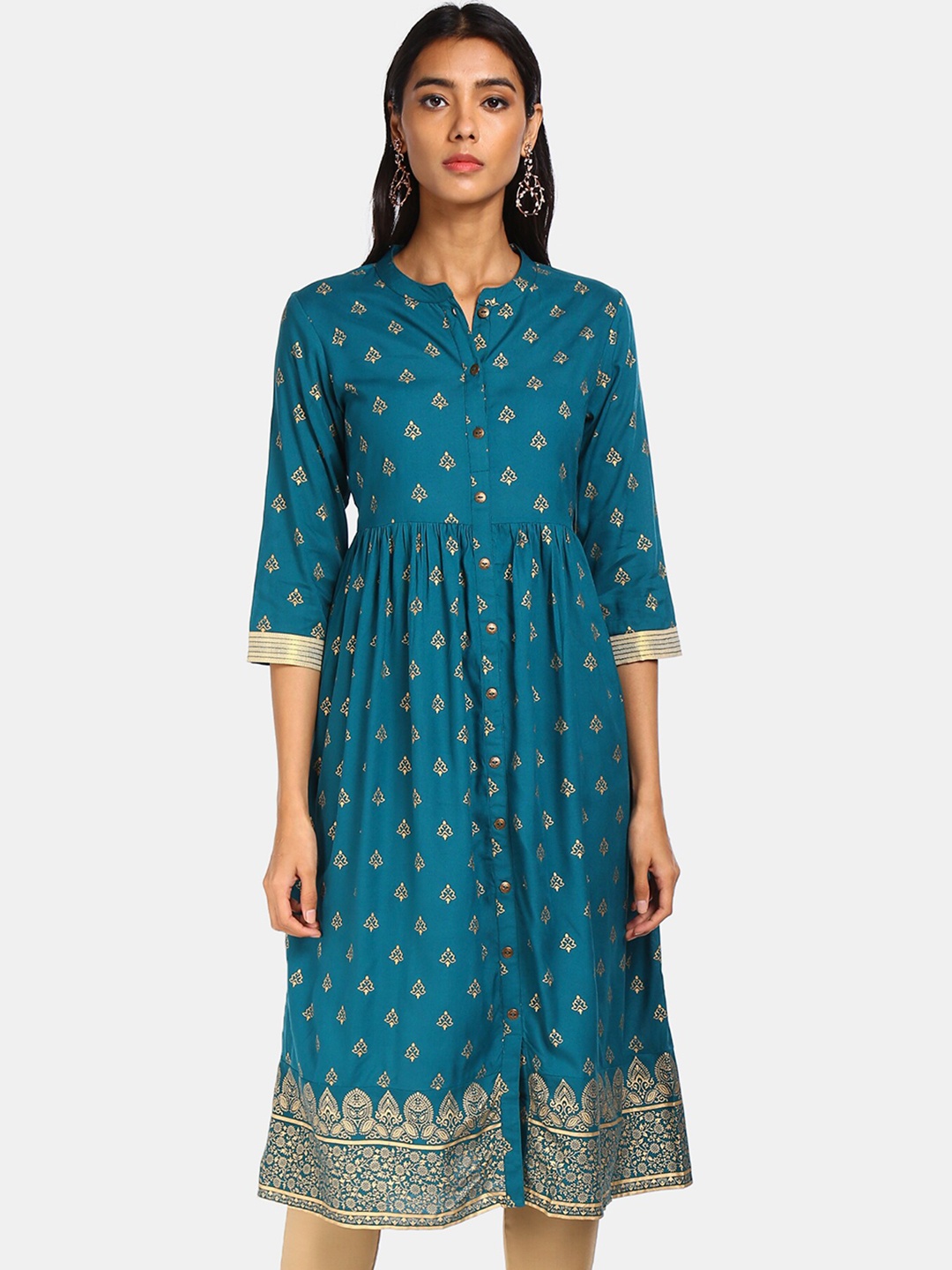 

Karigari Women Teal & Gold Ethnic Motifs Printed Anarkali Kurta