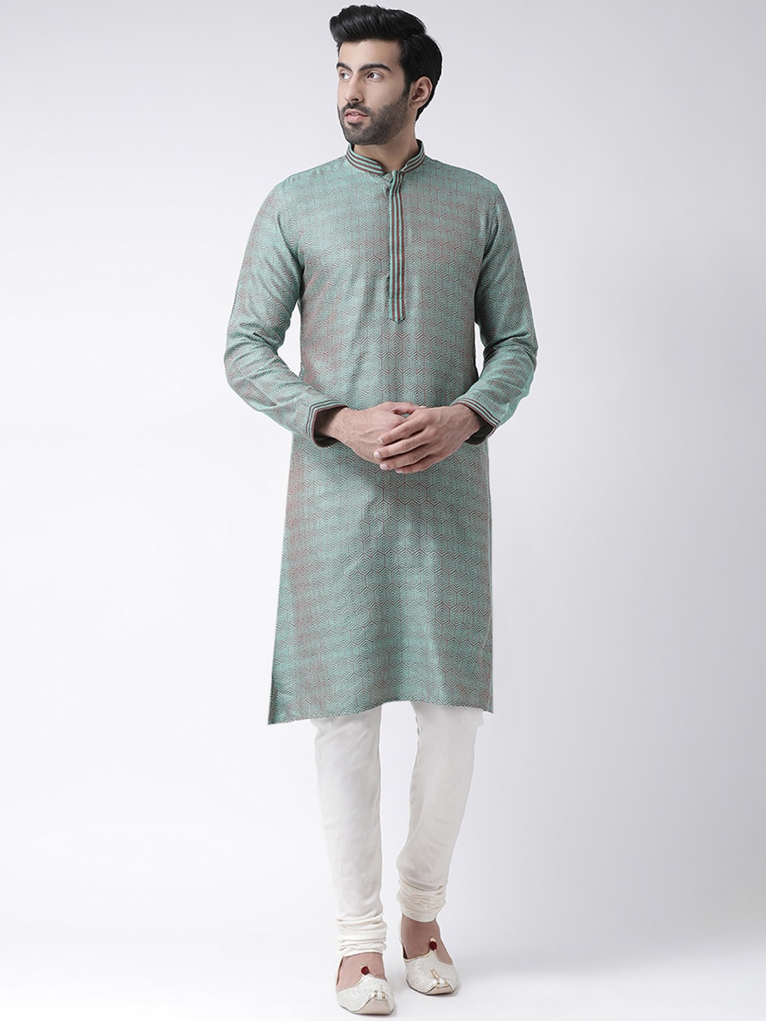 

KISAH Men Sea Green Thread Work Jacquard Kurta