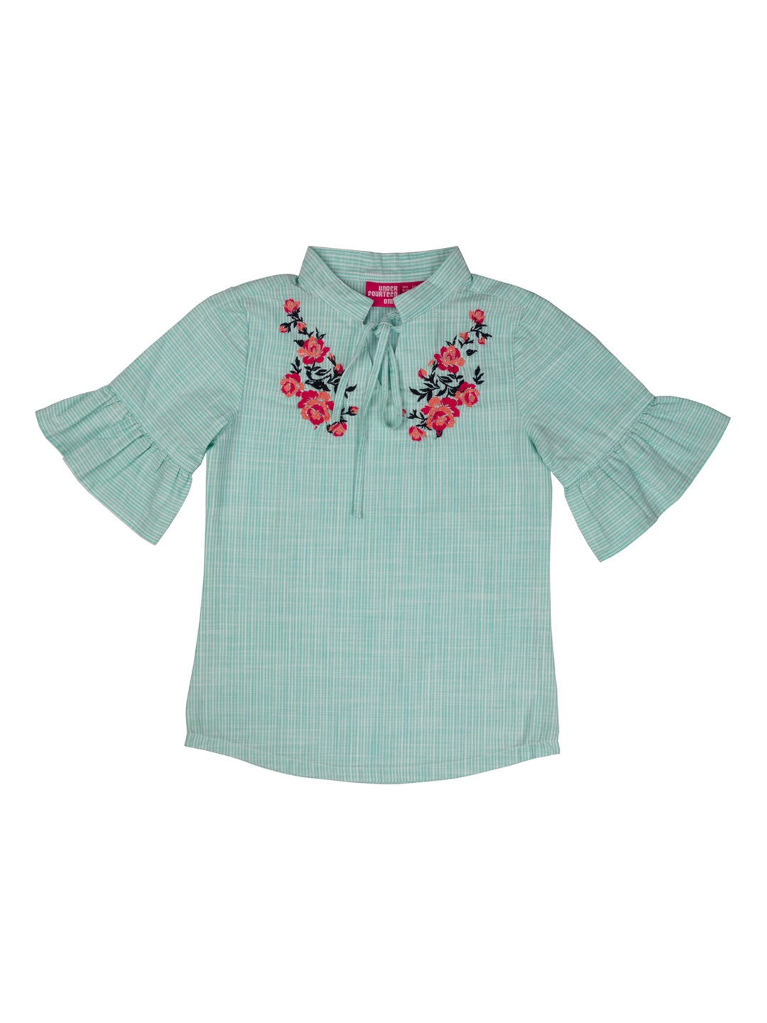 

UNDER FOURTEEN ONLY Green Floral Embroidered Mandarin Collar Regular Top