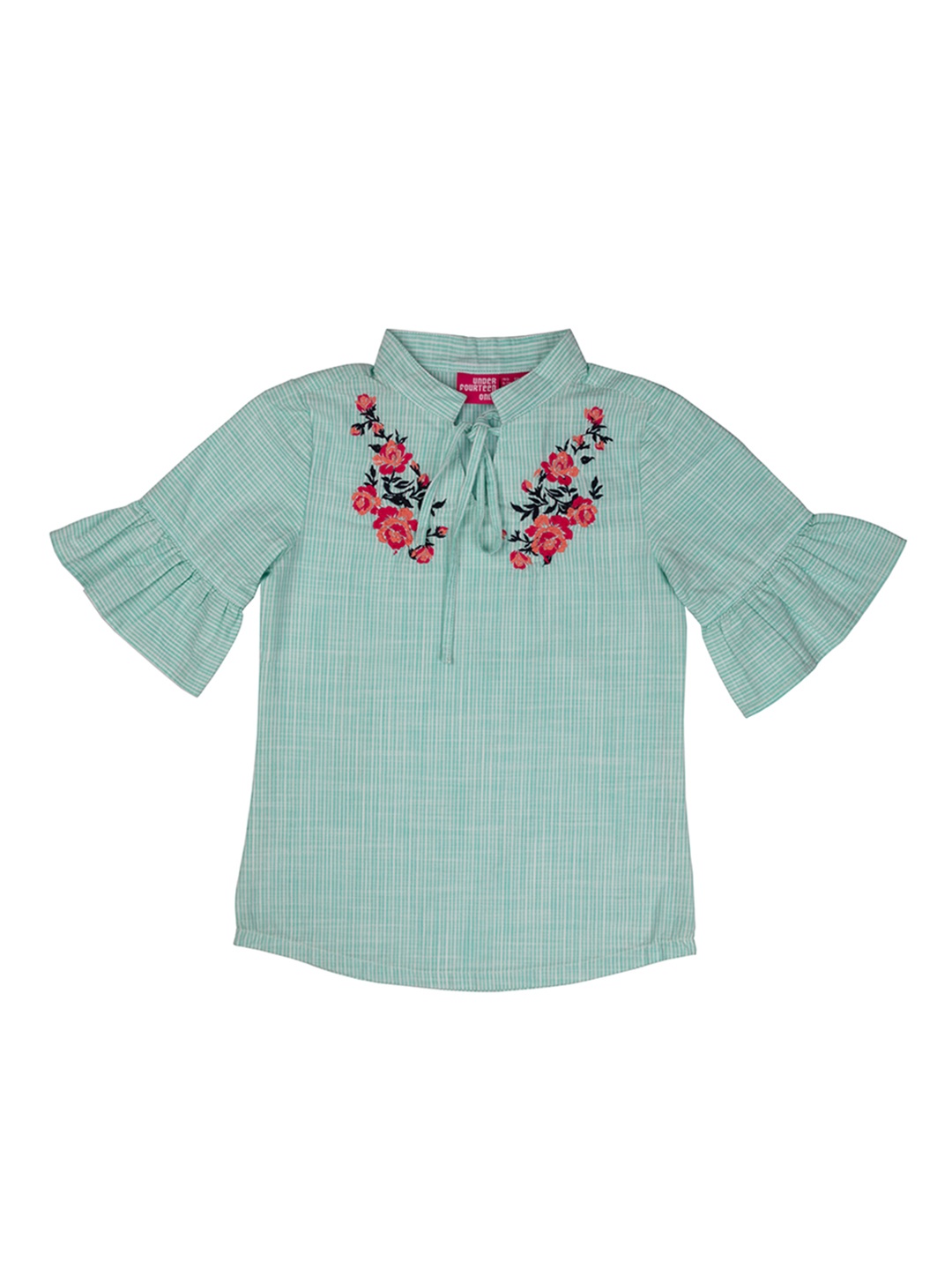 

UNDER FOURTEEN ONLY Green Floral Embroidered Mandarin Collar Regular Top