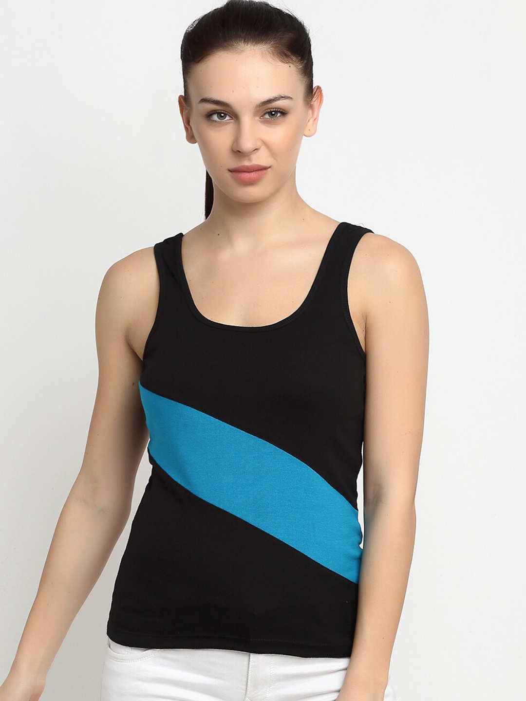

Friskers Black Colourblocked Pure Cotton Tank Top