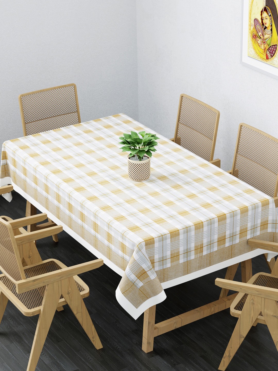 

Clasiko White & Beige Checked Pure Cotton 6-Seater Rectangle Table Cloth