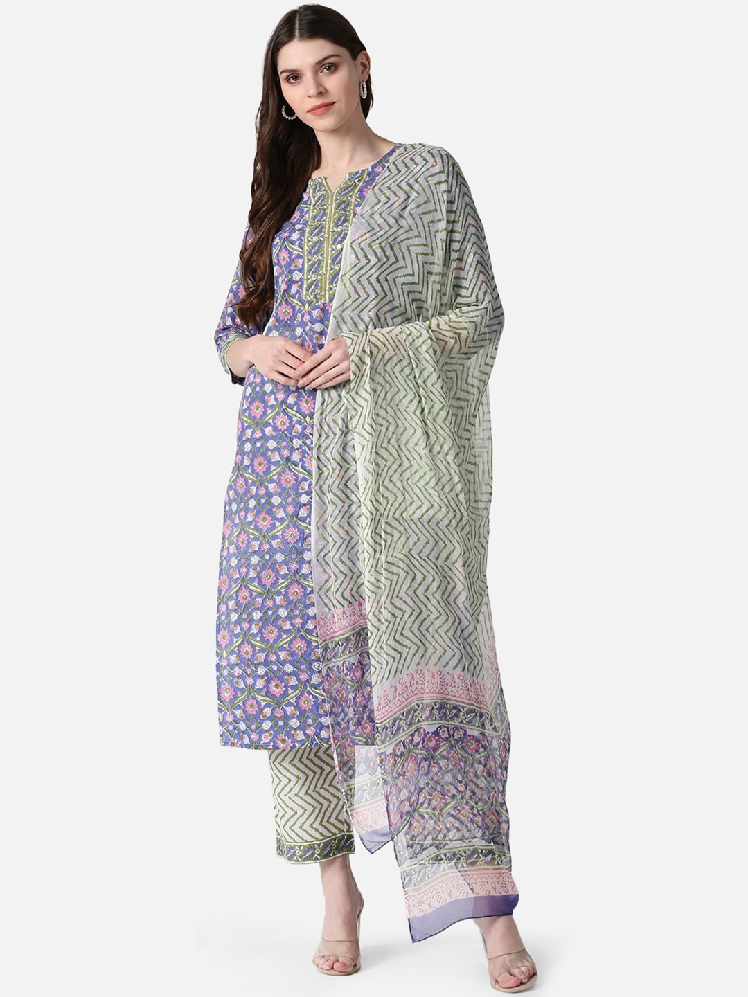 AHIKA Women Violet & Green Printed Pure Cotton Kurti with Trousers & Dupatta