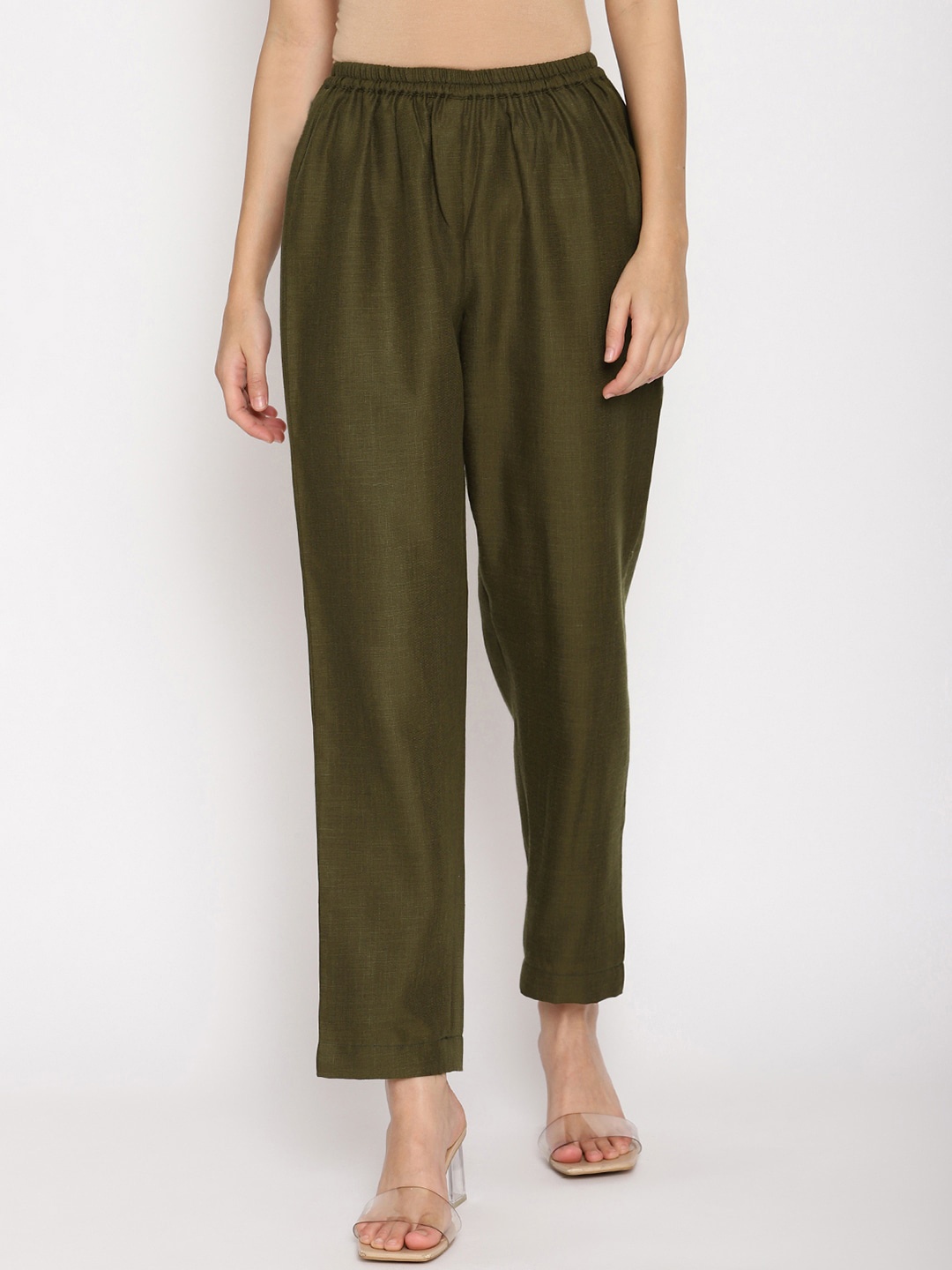 trueBrowns Women Green Pure Cotton Regular Fit Solid Trousers