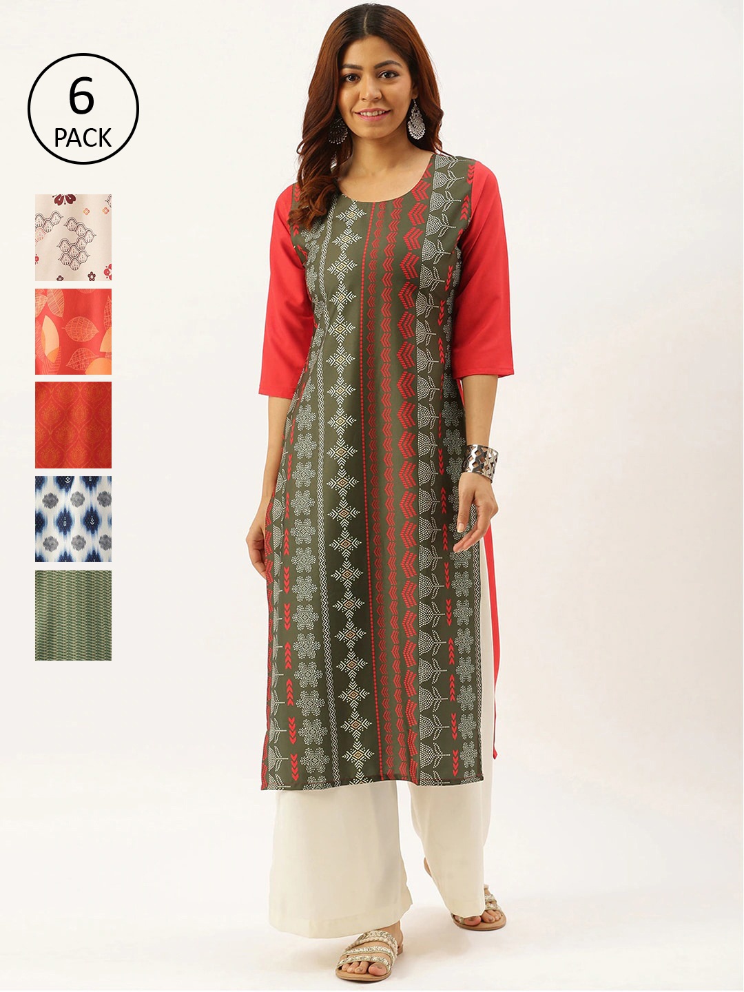 

7Threads Women Pack of 6 Multicoloured Printed Crepe Kurta, Multi
