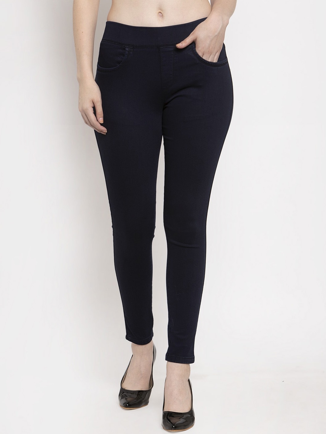 

Prag & Co Women Navy Blue Solid Cotton Jeggings