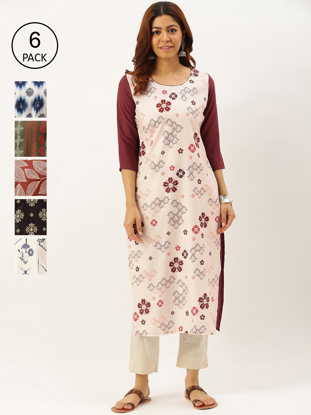 

7Threads Women Pack of 6 Multicoloured Floral Printed Crepe Kurta, Multi
