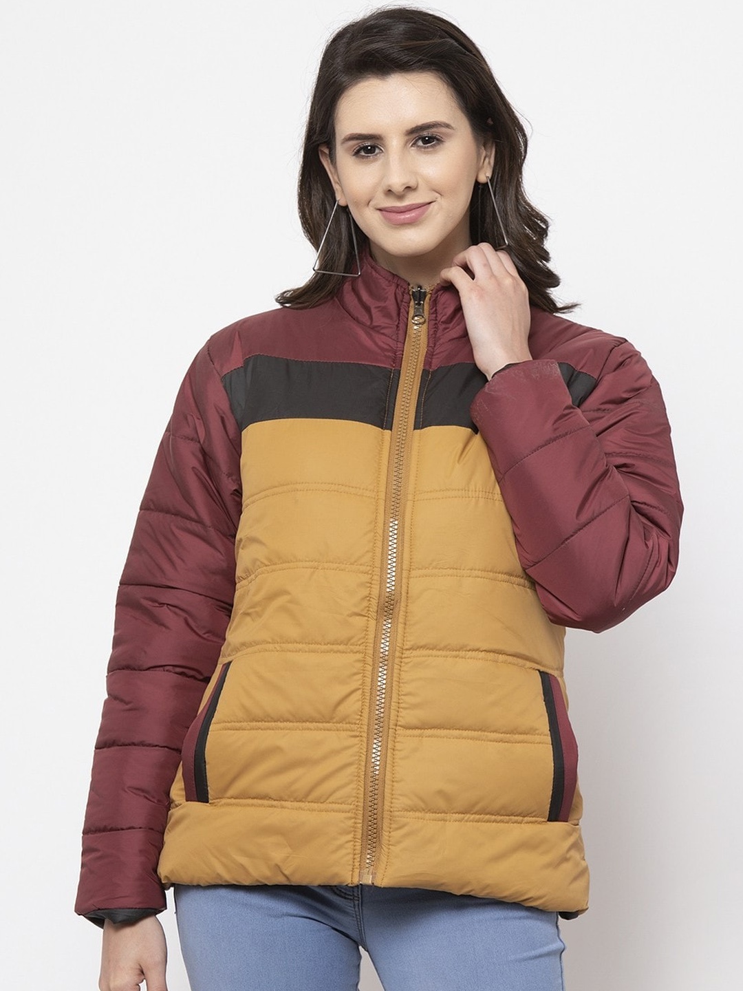 

VOXATI Women Mustard Yellow & Maroon Striped Padded Jacket