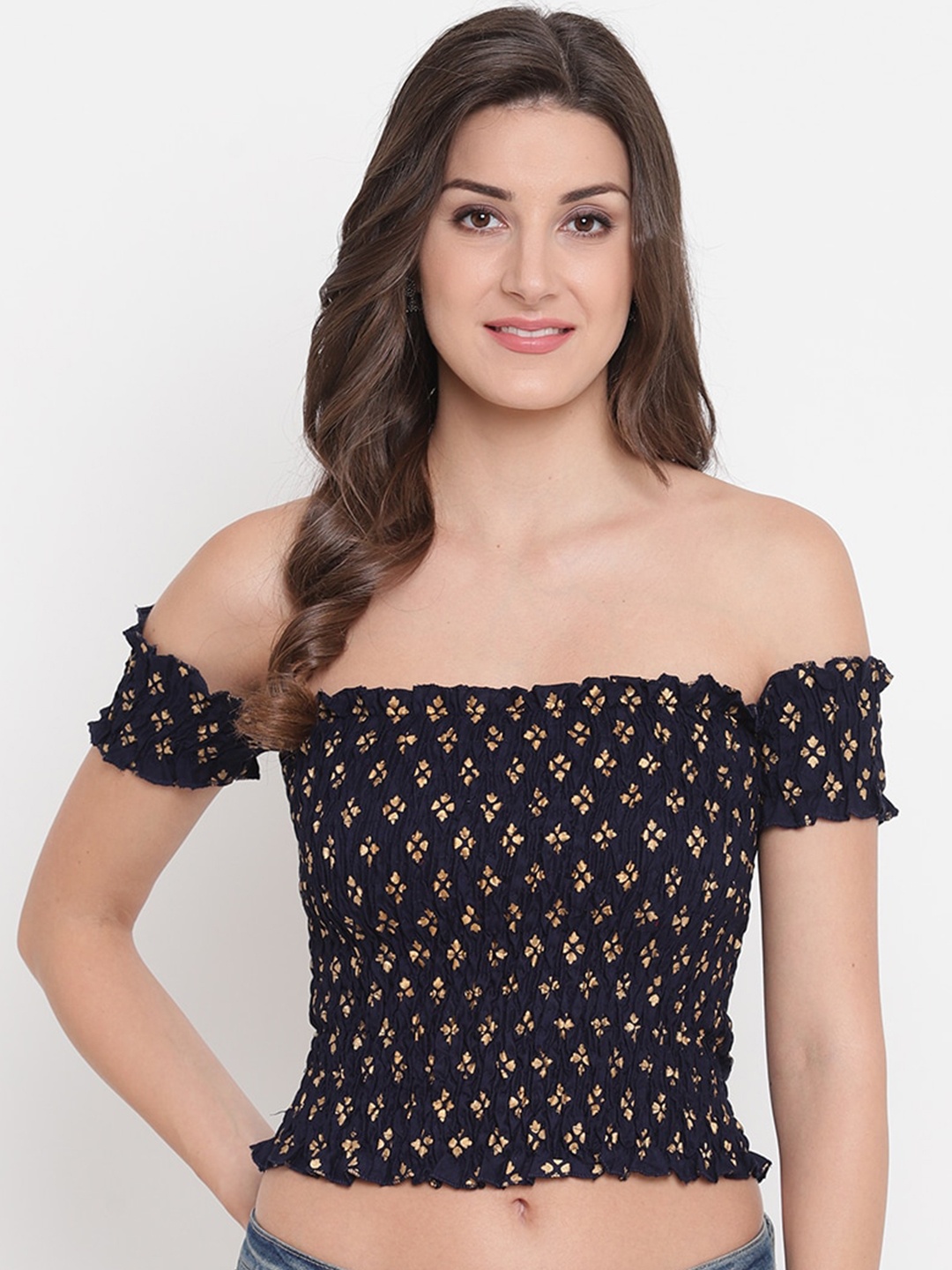 Aawari Navy Blue Off-Shoulder Bardot Crop Top