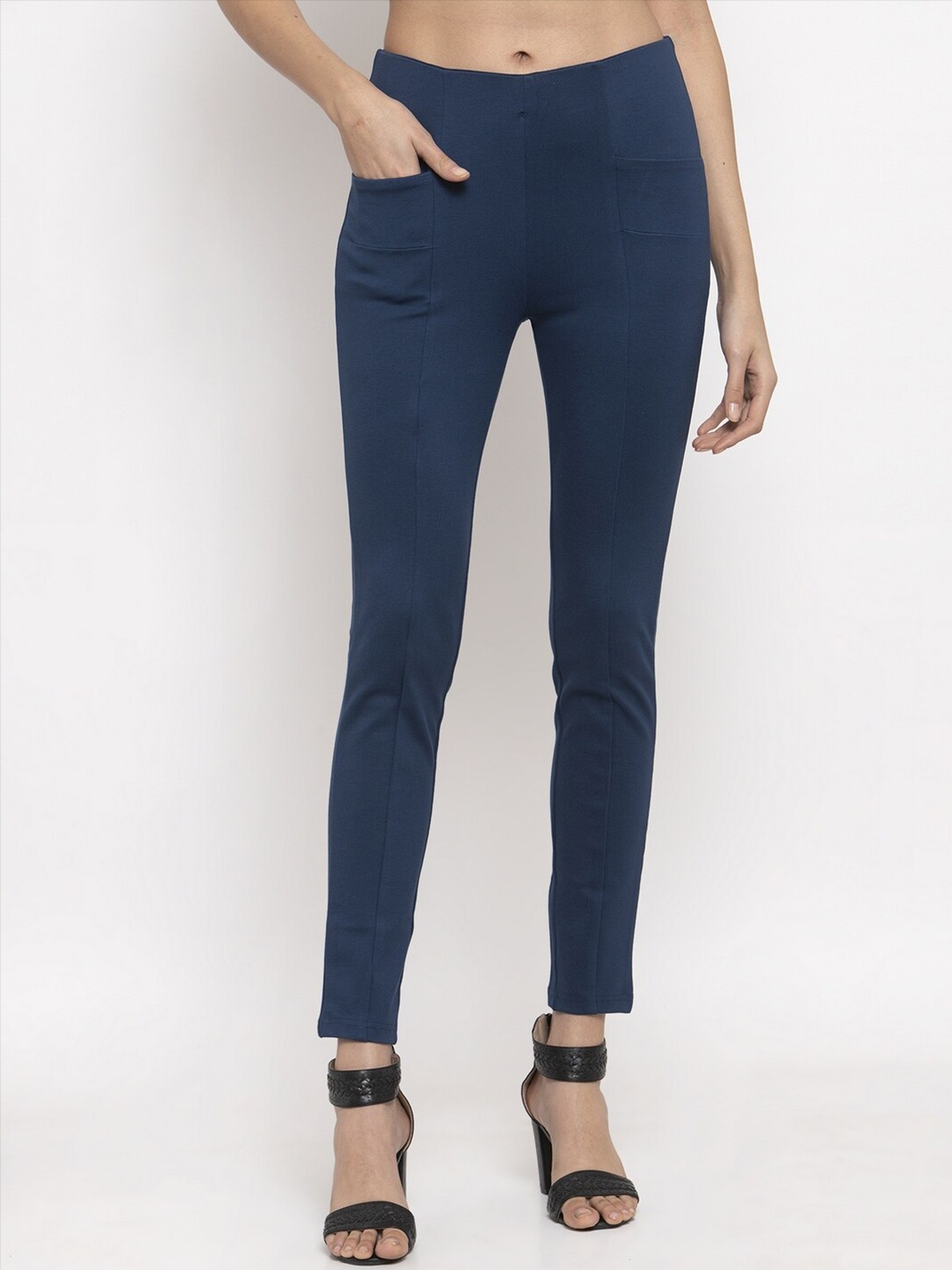 

Prag & Co Women Navy Blue Solid Cotton Treggings