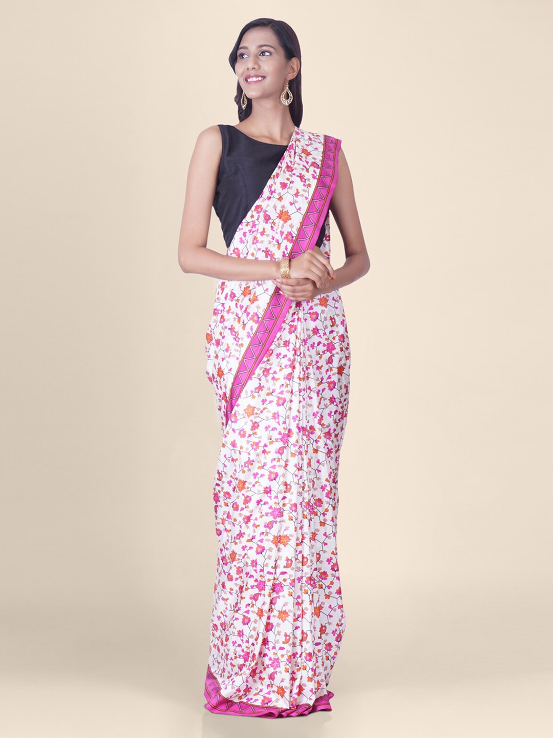 

Hastakala White & Pink Poly Silk Printed Banarasi Saree