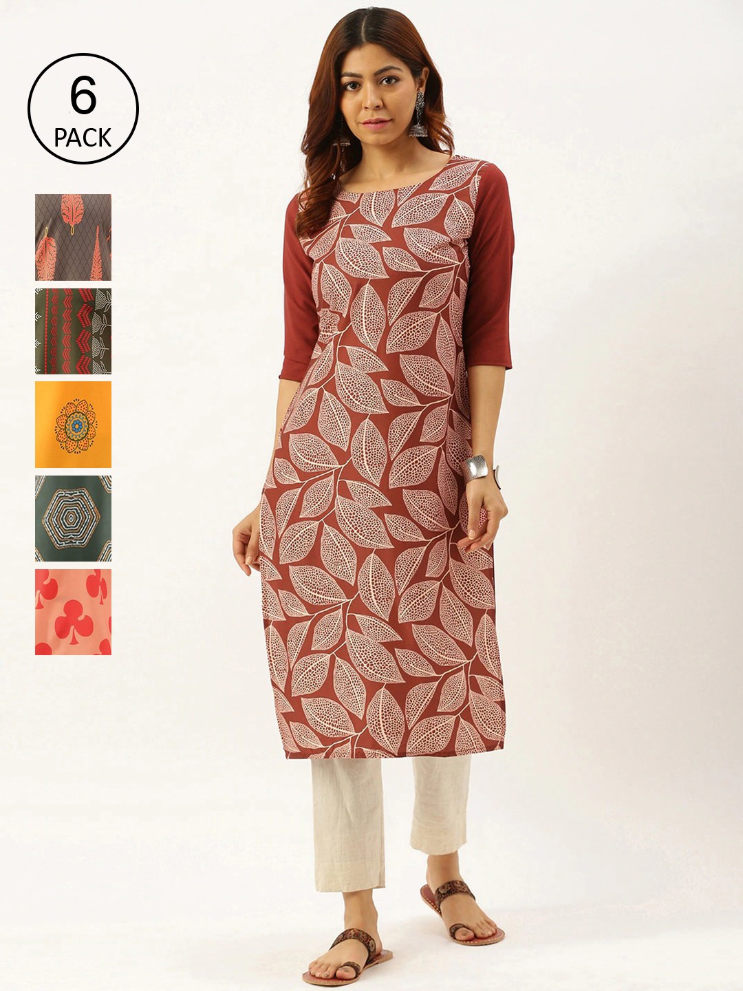 

7Threads Pack of 6 Women Multicoloured Ethnic Motifs Printed Crepe Kurta, Multi
