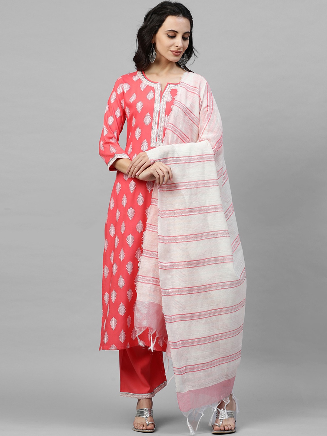 Indo Era Women Pink & White Printed Kurta with Palazzos & Dupatta