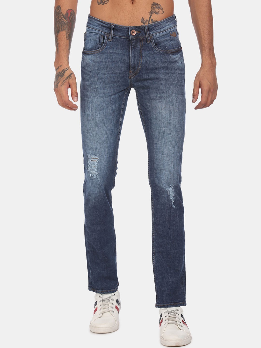 Flying Machine Men Blue Regular Fit Mid-Rise Low Distress Stretchable Jeans