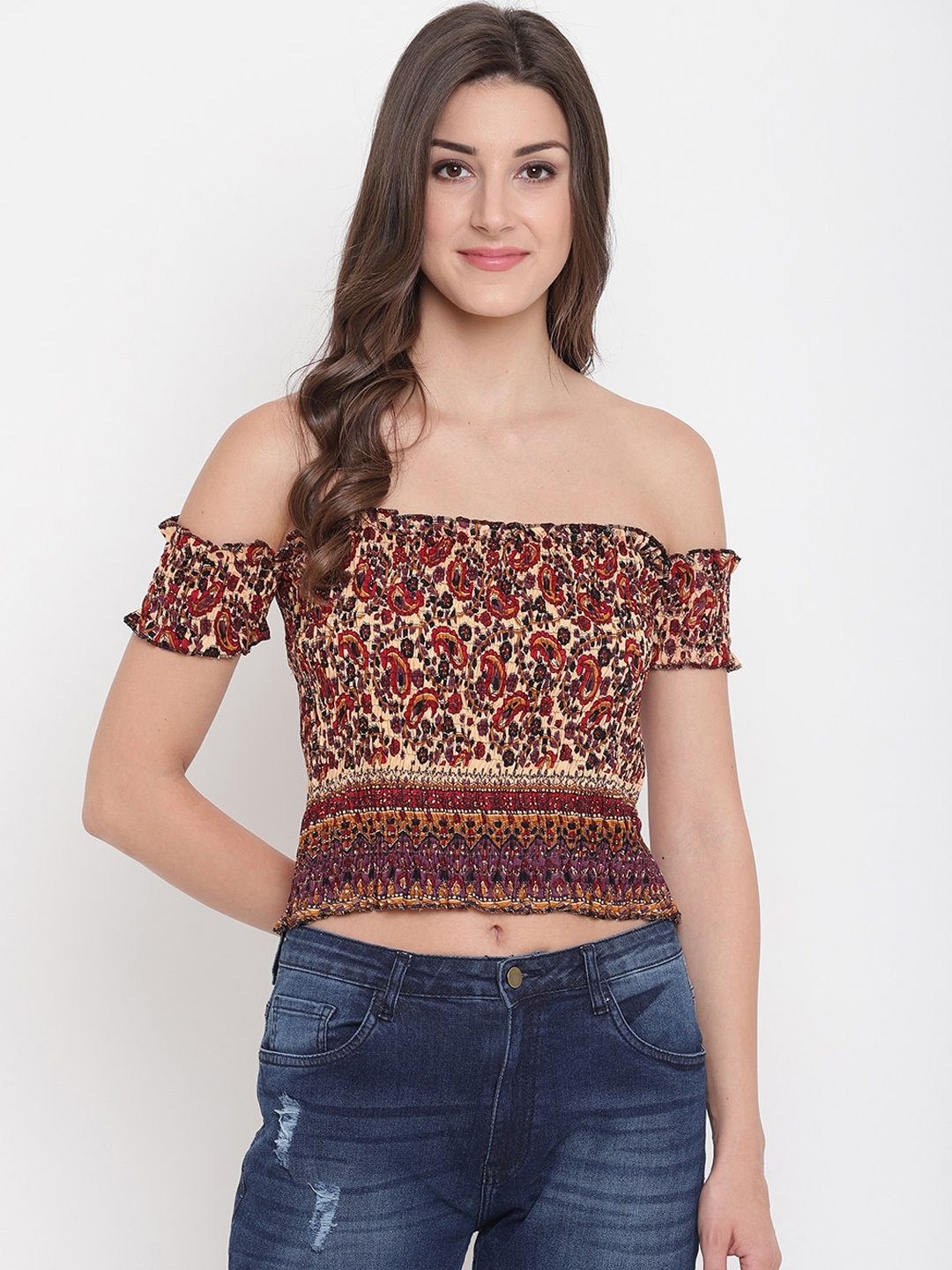 

Aawari Multicoloured Off-Shoulder Smocked Bardot Crop Top, Multi
