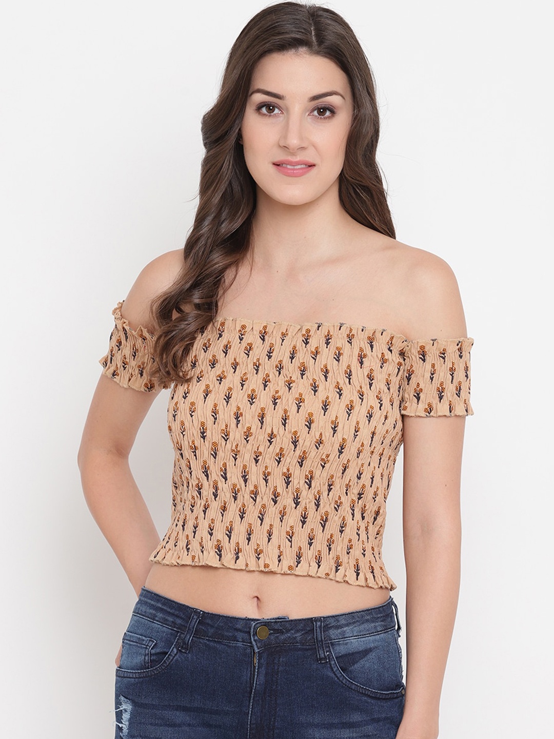 

Aawari Beige & Blue Floral Off-Shoulder Bardot Smocking Crop Top