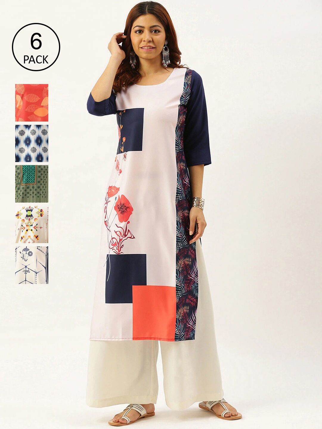 

7Threads Women Pack of 6 Multicoloured Quirky Printed Crepe Kurta, Multi