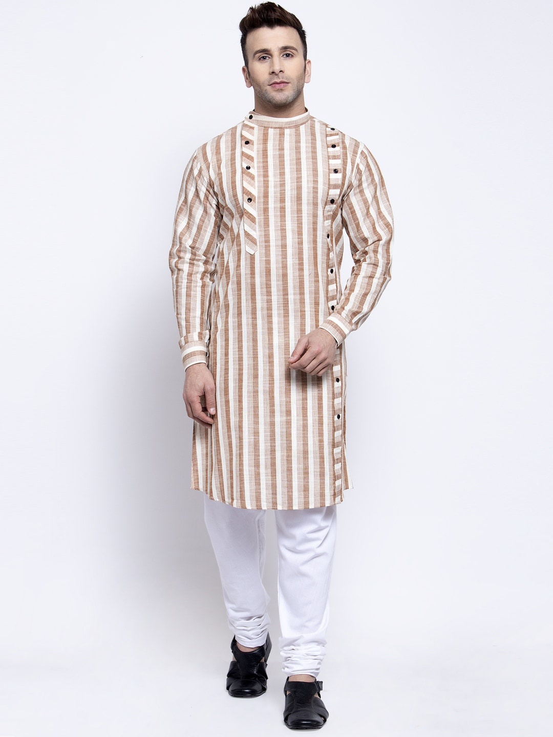 

KLOTTHE Men Brown & White Striped Kurta with Churidar Pyjamas