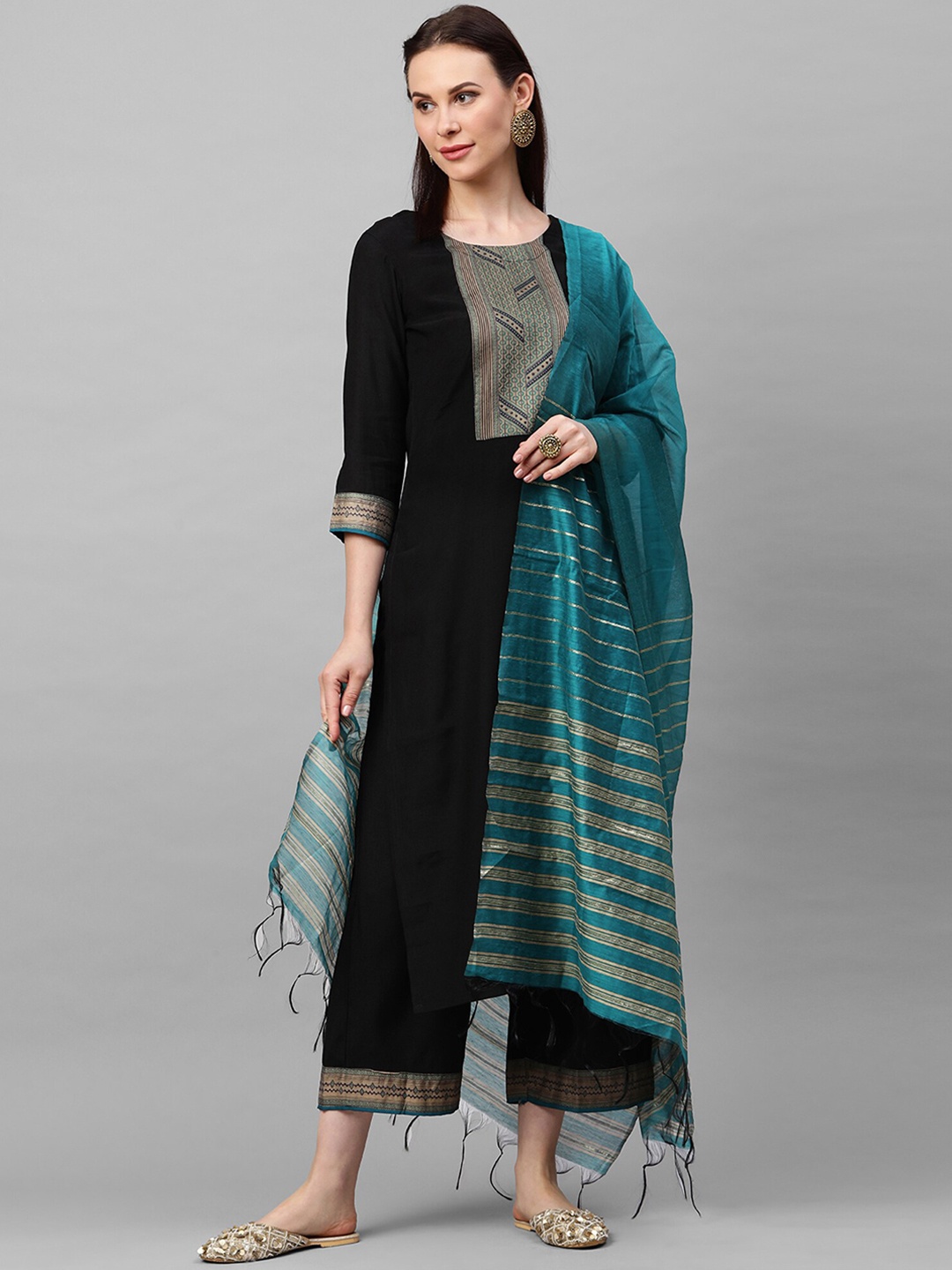 

Indo Era Women Black Yoke Design Regular Straight Kurta with Palazzos & With Dupatta