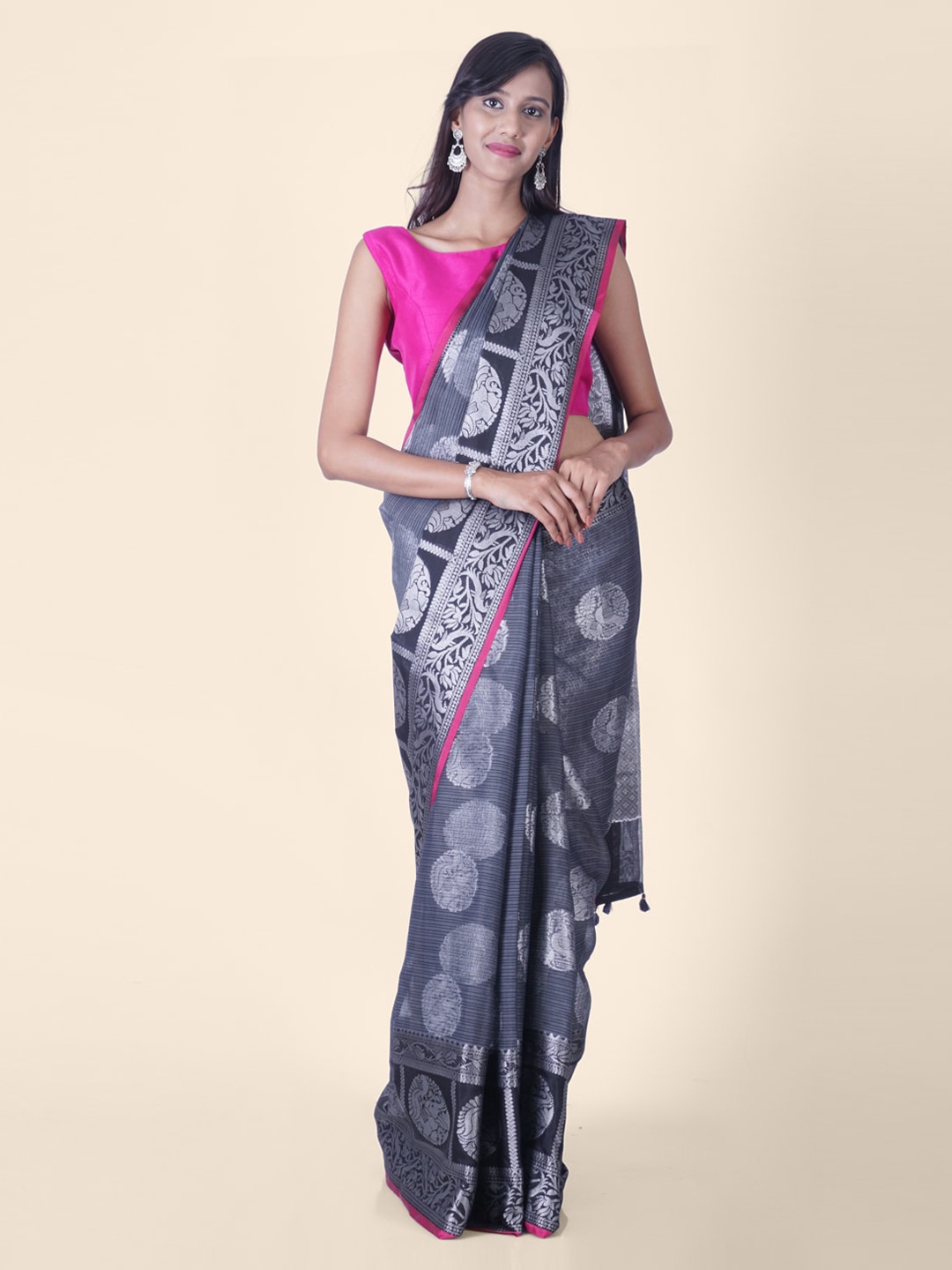 

Hastakala Grey Cotton Blend Woven Design Chanderi Saree