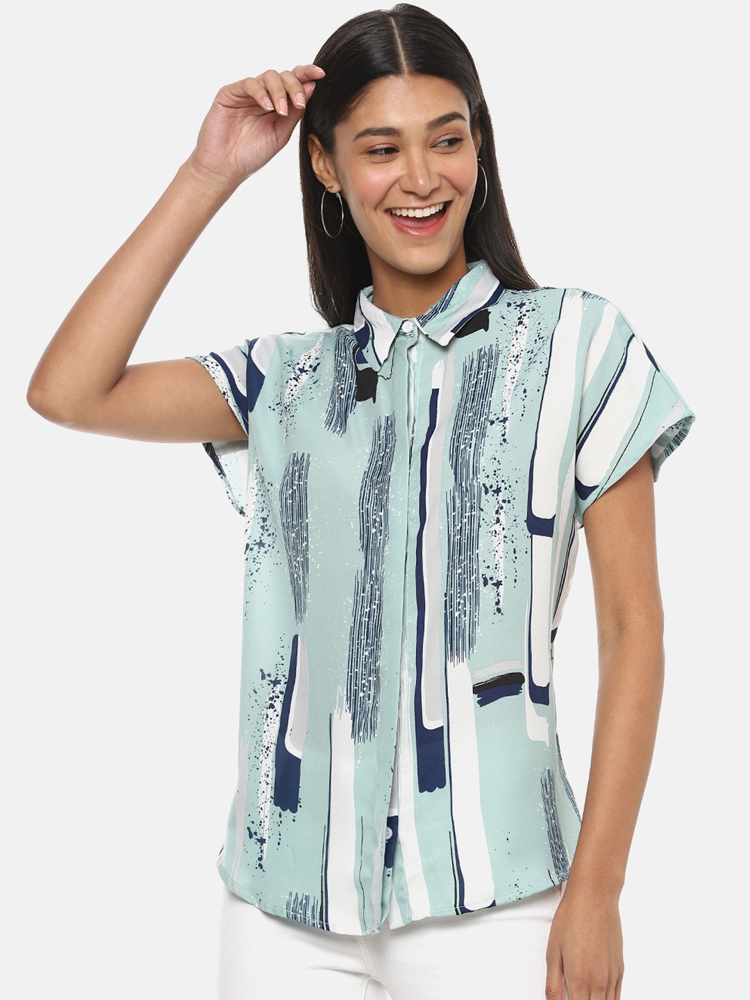 

Campus Sutra Women Sea Green & Navy Blue Regular Fit Printed Casual Shirt