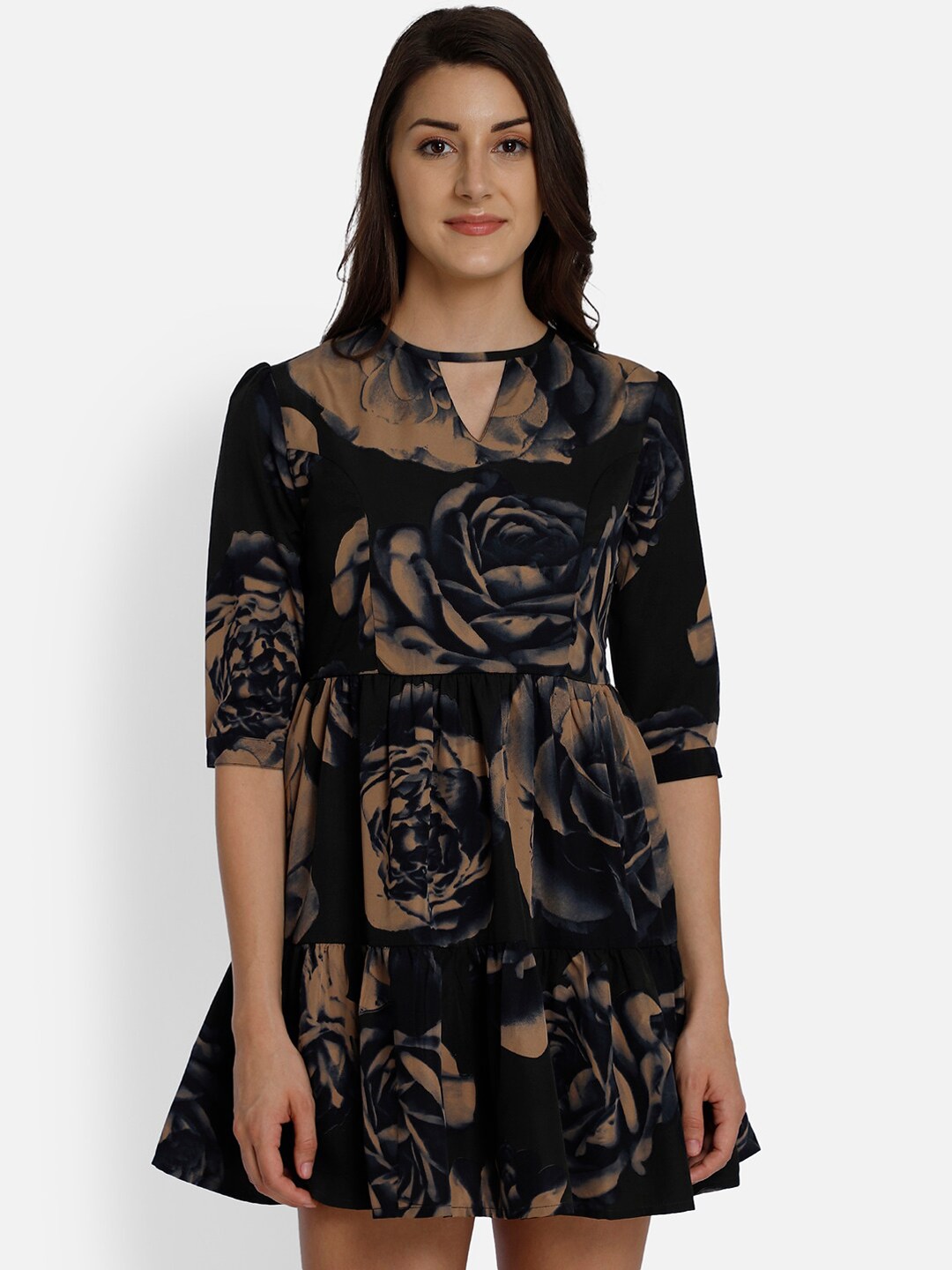 

Yaadleen Women Black & Brown Floral Printed A-Line Dress