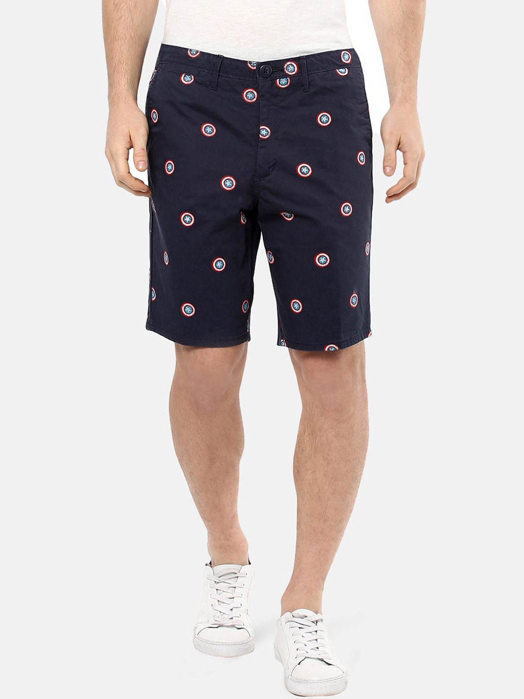 

Free Authority Men Navy Blue & Red Captain America Printed Regular Fit Chino Shorts
