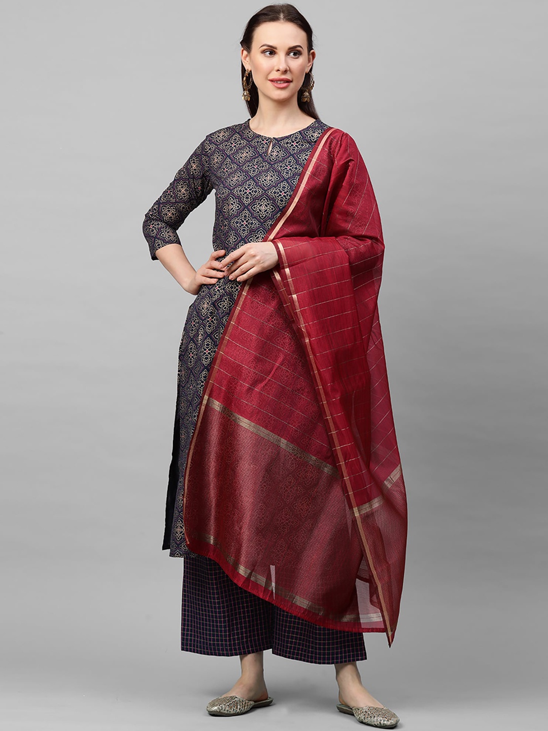 

Indo Era Women Navy Blue Ethnic Motifs Printed Regular Straight Pure Cotton Kurta Set