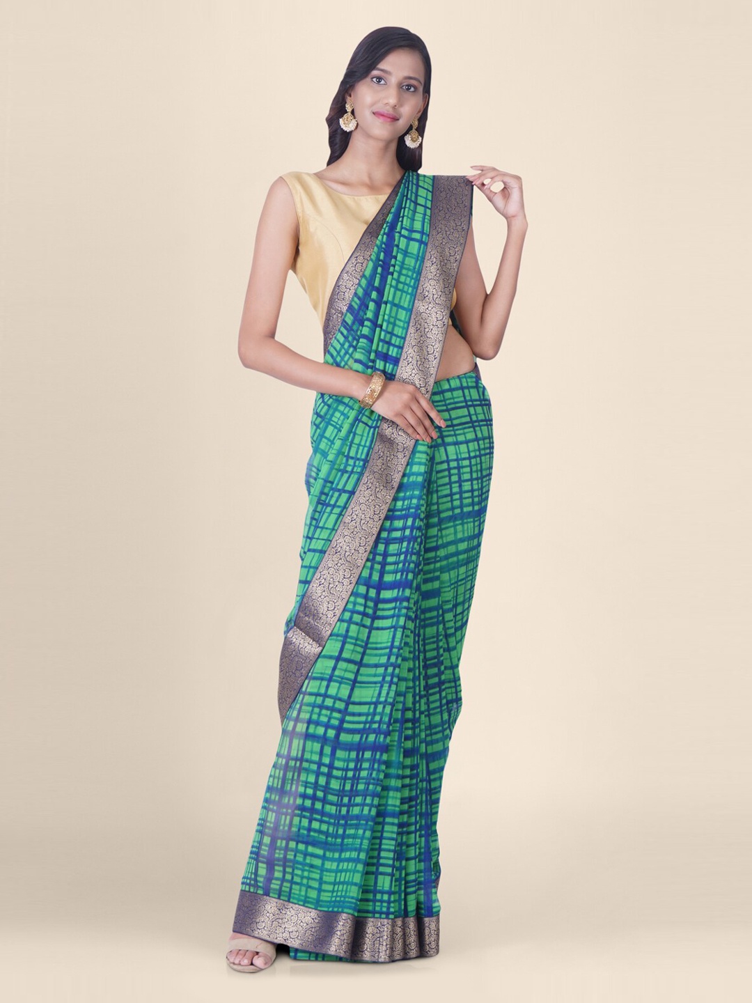 

Hastakala Green Poly Georgette Checked Handloom Banarasi Saree