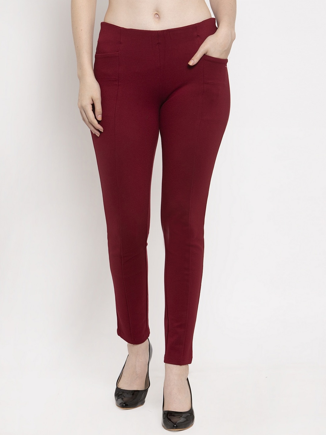

Prag & Co Women Maroon Solid Cotton Treggings