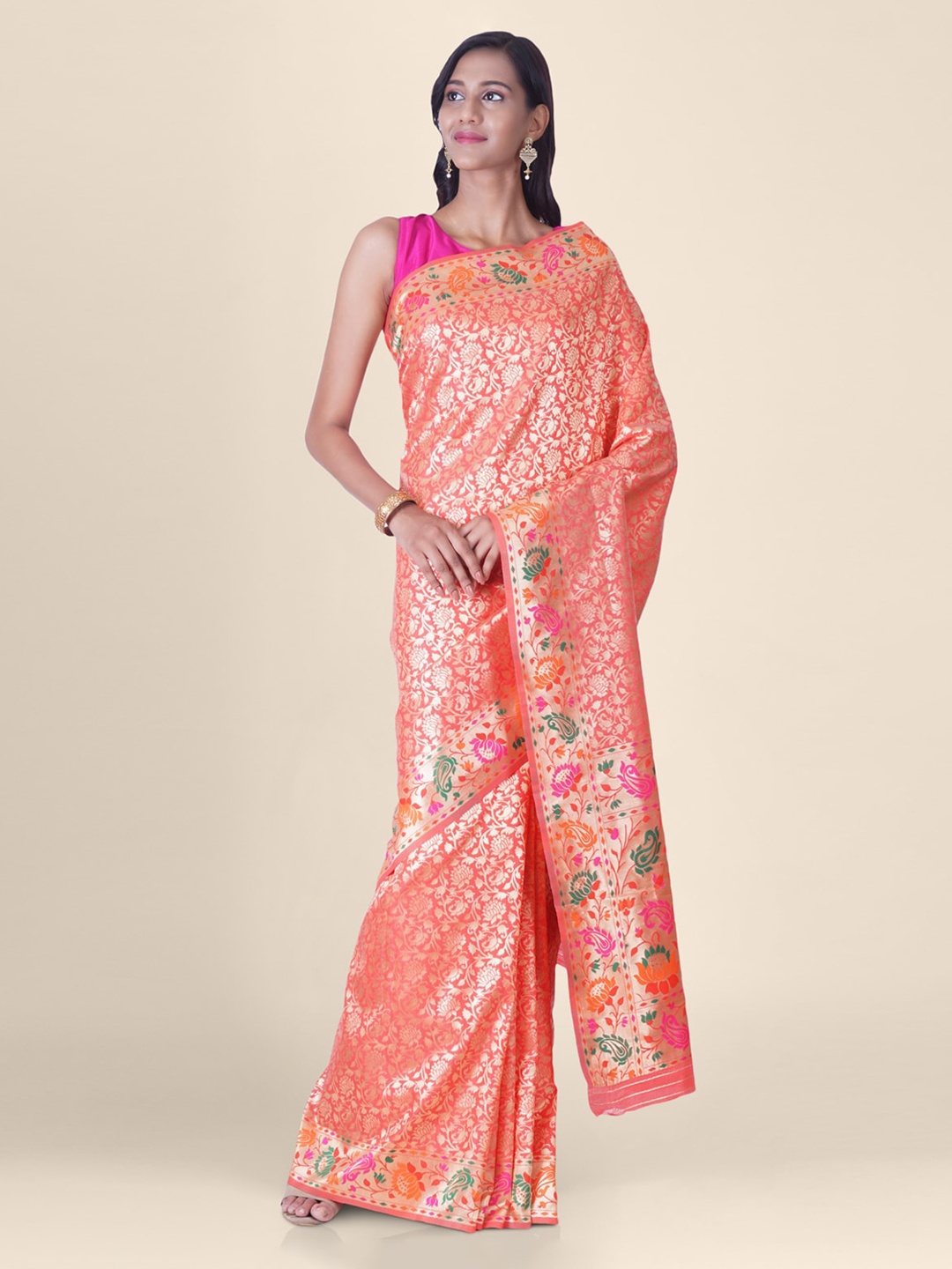 

Hastakala Peach-Coloured Poly Silk Woven Design Handloom Banarasi Saree