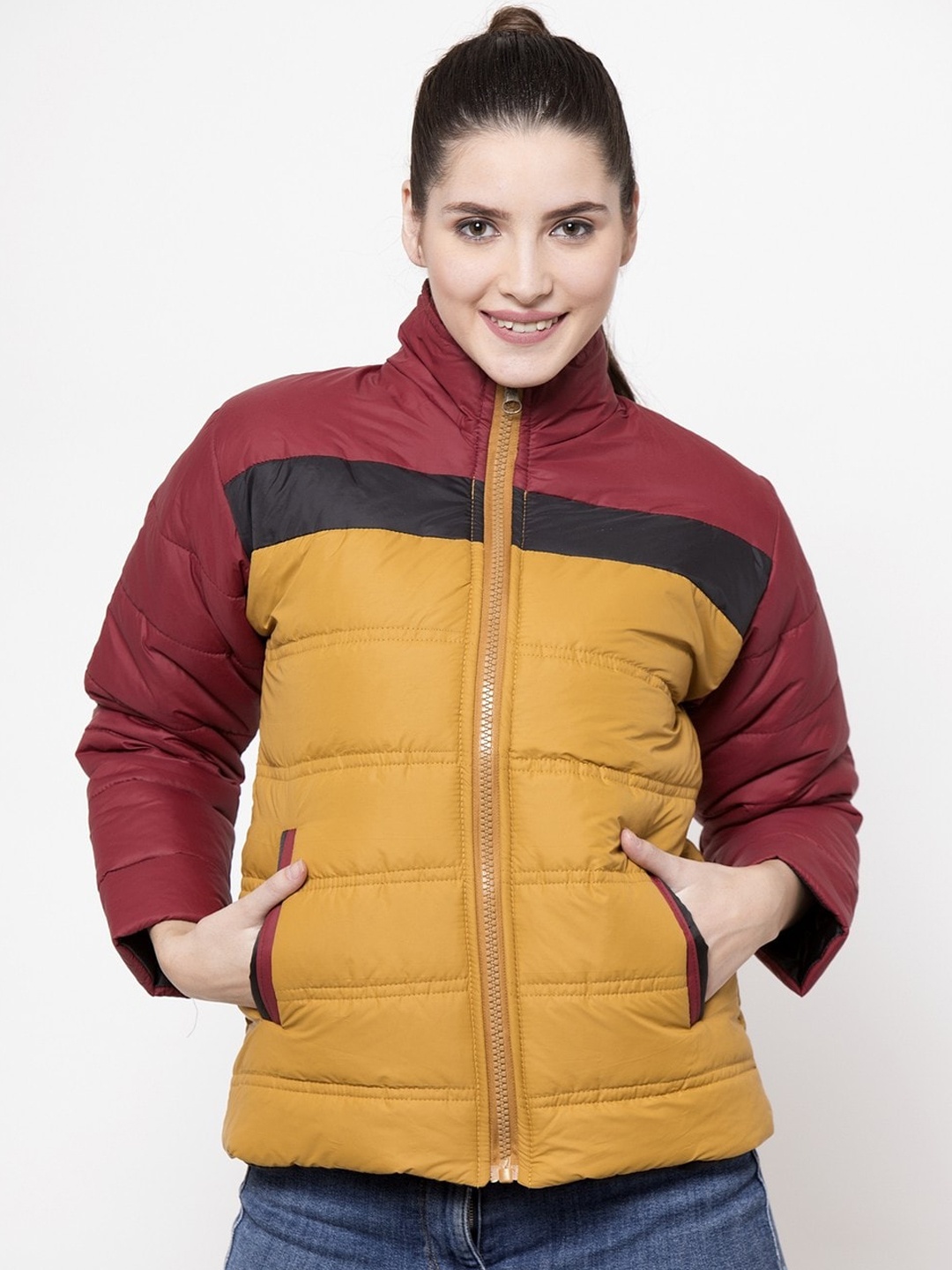 

VOXATI Women Mustard Yellow & Maroon Striped Padded Jacket