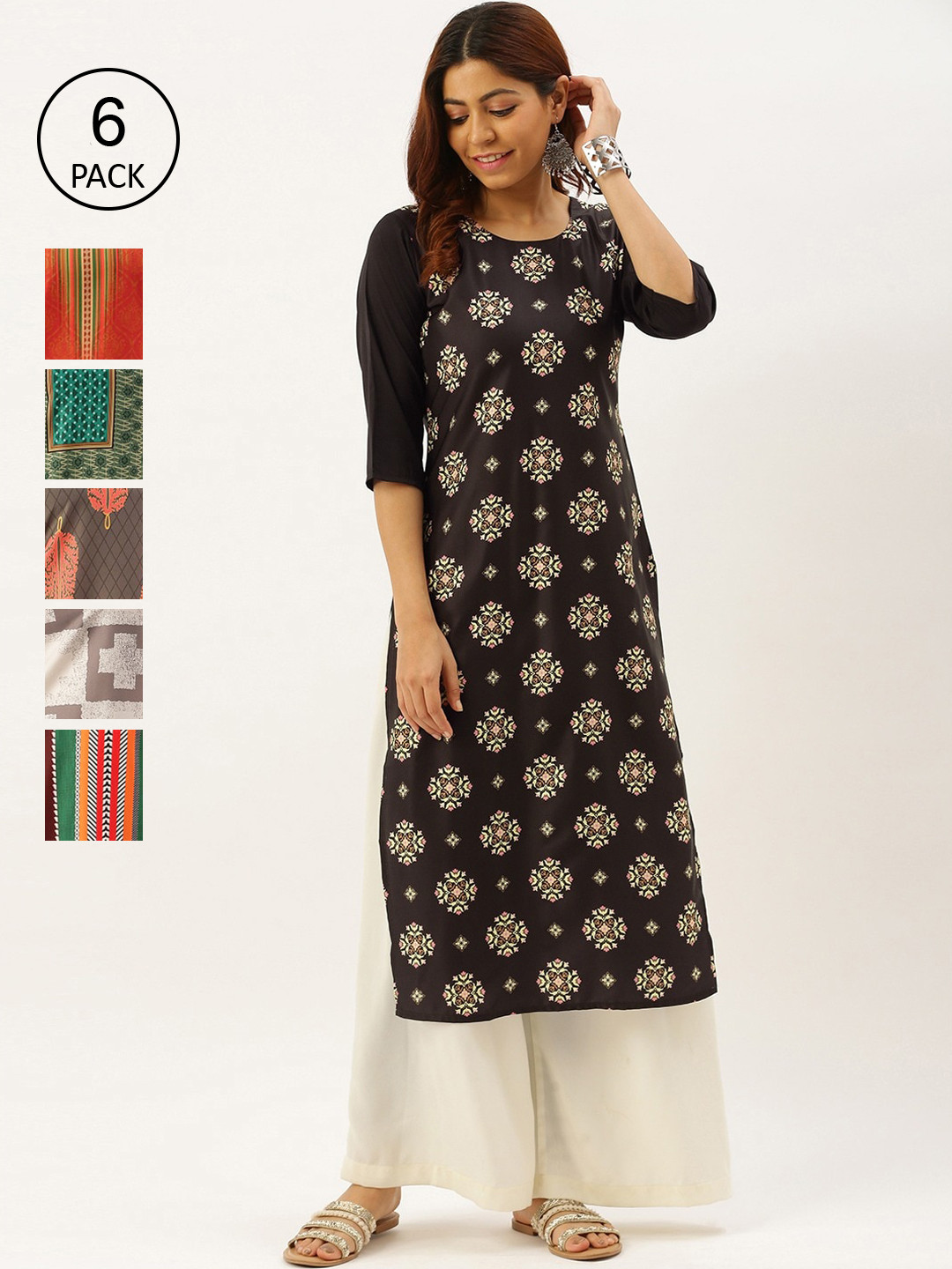 

7Threads Pack of 6 Women Multicoloured Ethnic Motifs Printed Crepe Kurta, Multi