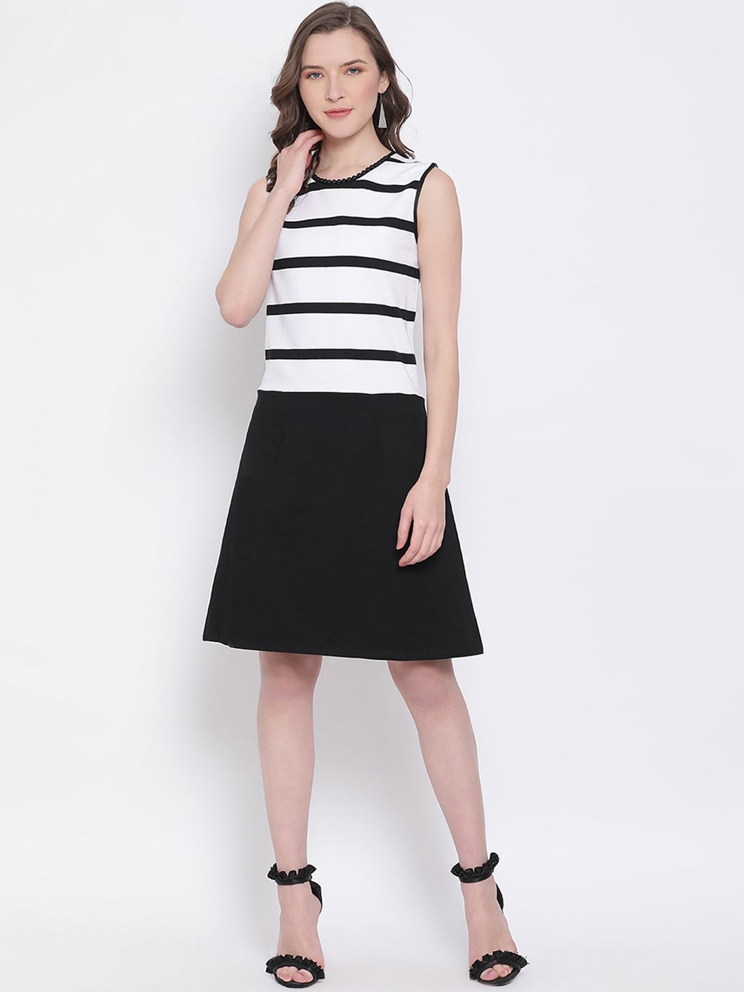 LY2 Women Black & White Pure Cotton Striped A-Line Dress