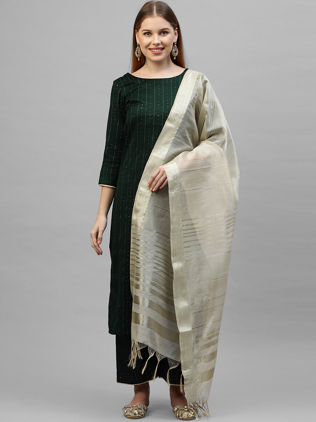 

Indo Era Women Green & Cream-Coloured Striped Kurta with Trousers & Dupatta