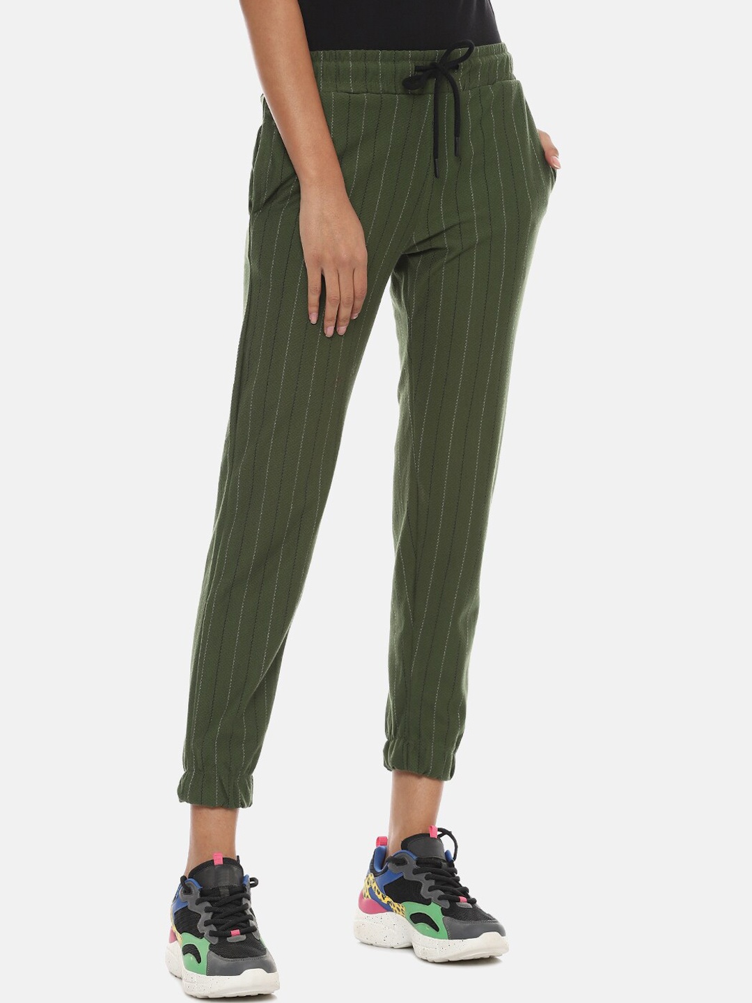 

Campus Sutra Women Olive Green & White Striped Cotton Active Joggers