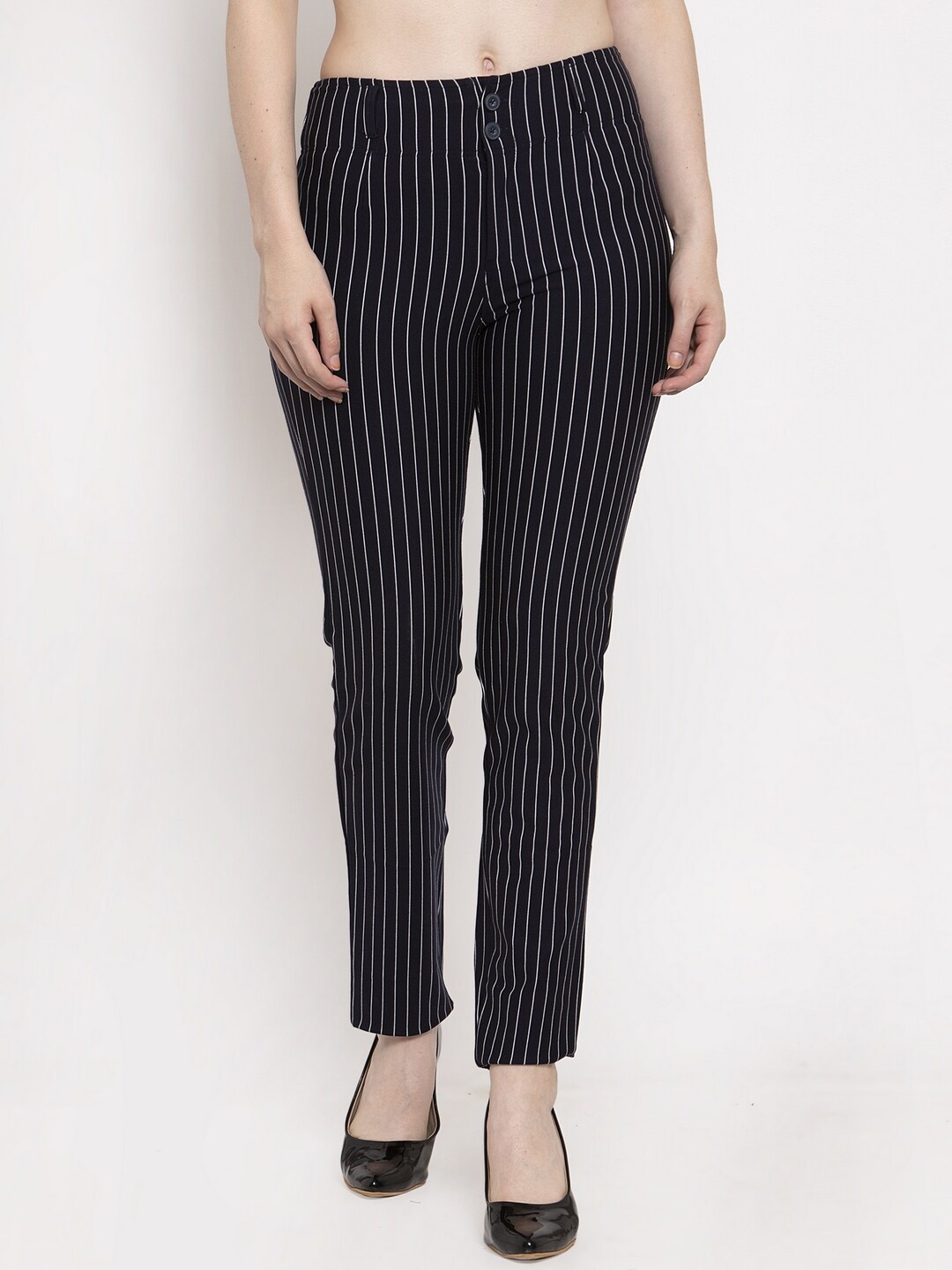 

Prag & Co Women Navy Blue & White Striped Slim Fit Treggings