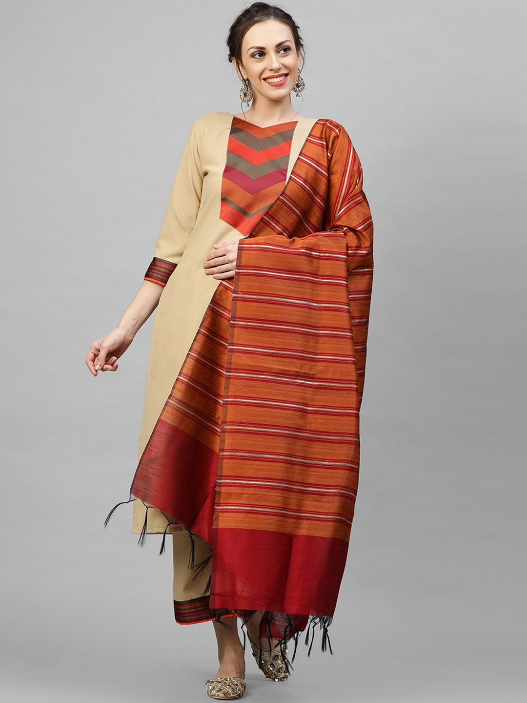 Indo Era Women Beige & Maroon Woven Design Kurta with Palazzos & Dupatta