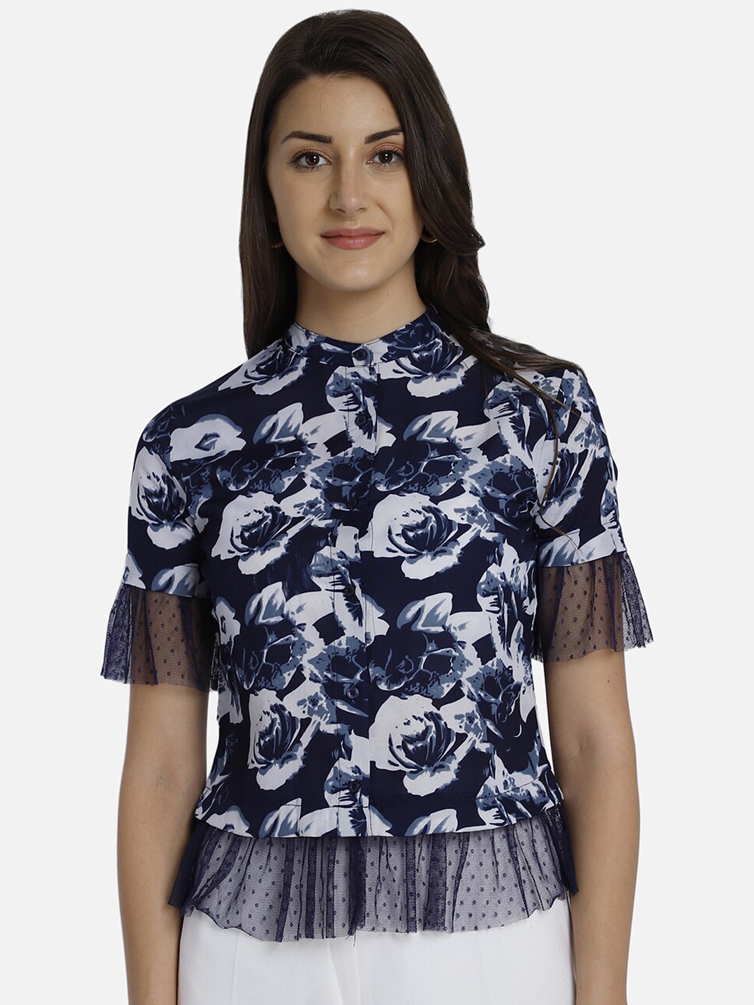 

Yaadleen Navy Blue Floral Printed Georgette Regular Top