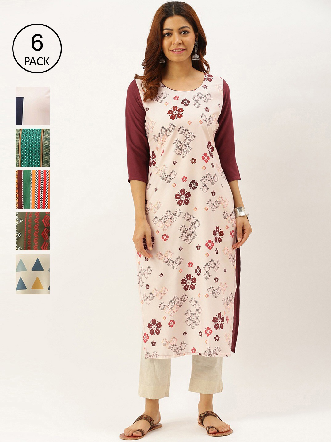 7Threads Pack of 6 Women Multicoloured Ethnic Motifs Printed Crepe Kurta, Multi