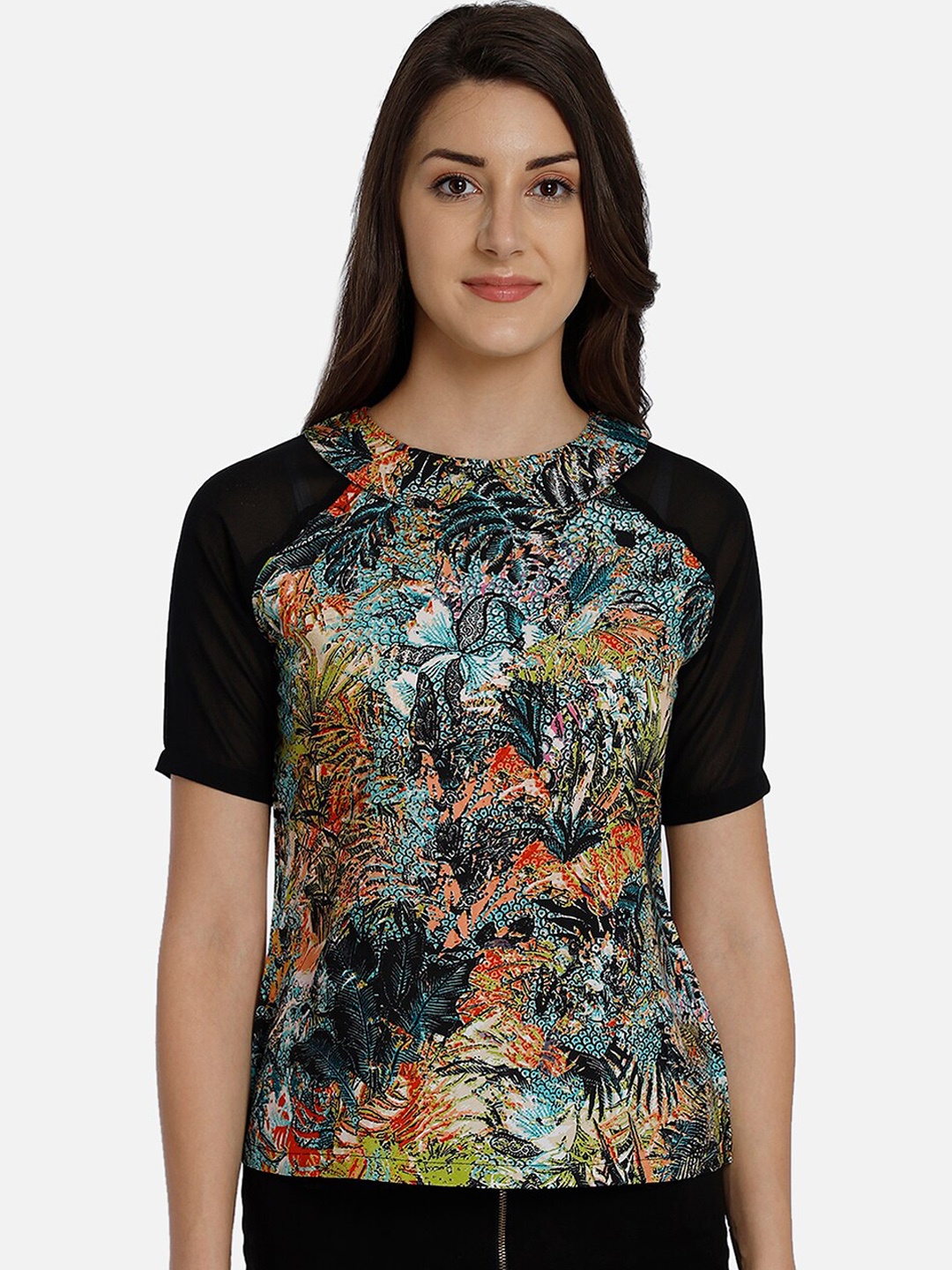 

Yaadleen Multicoloured Tropical Printed Tropical Georgette Regular Top, Multi