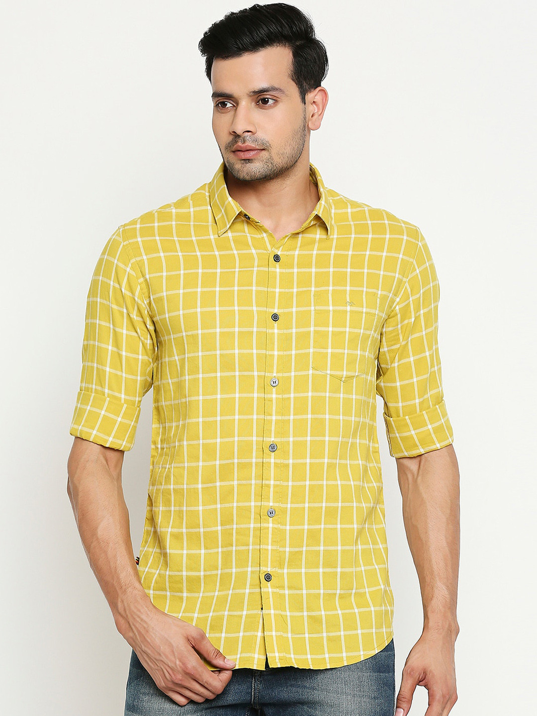 

Mufti Men Mustard Yellow & White Slim Fit Checked Casual Shirt