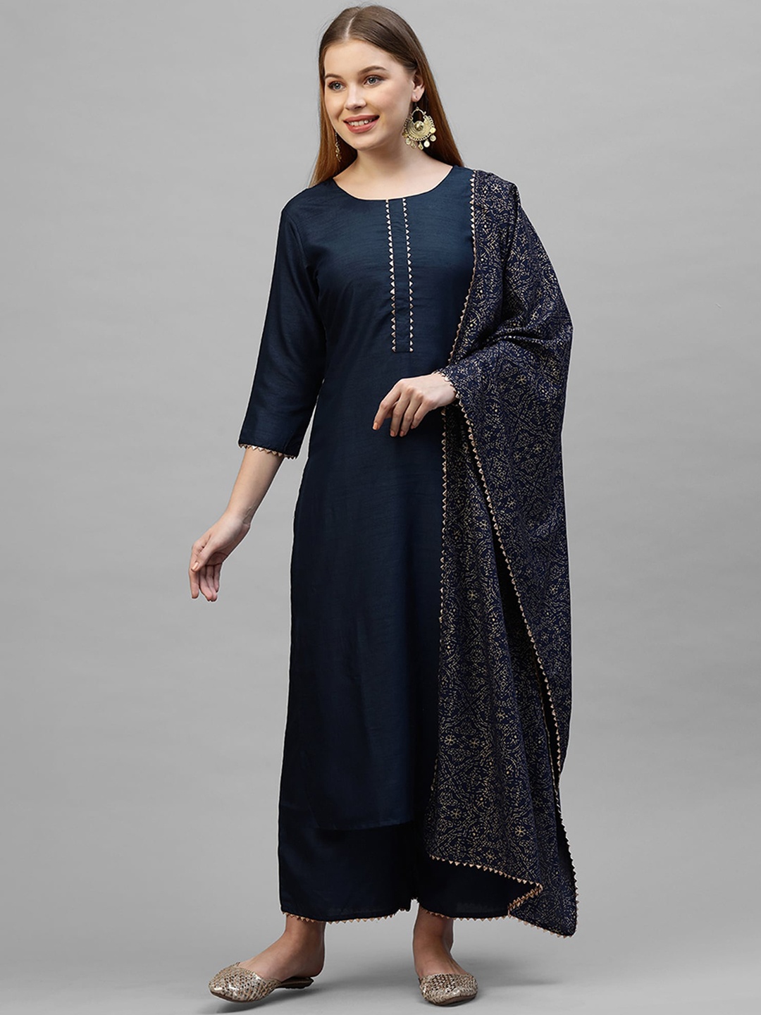 

Indo Era Women Navy Blue Solid Kurta with Palazzos & Dupatta