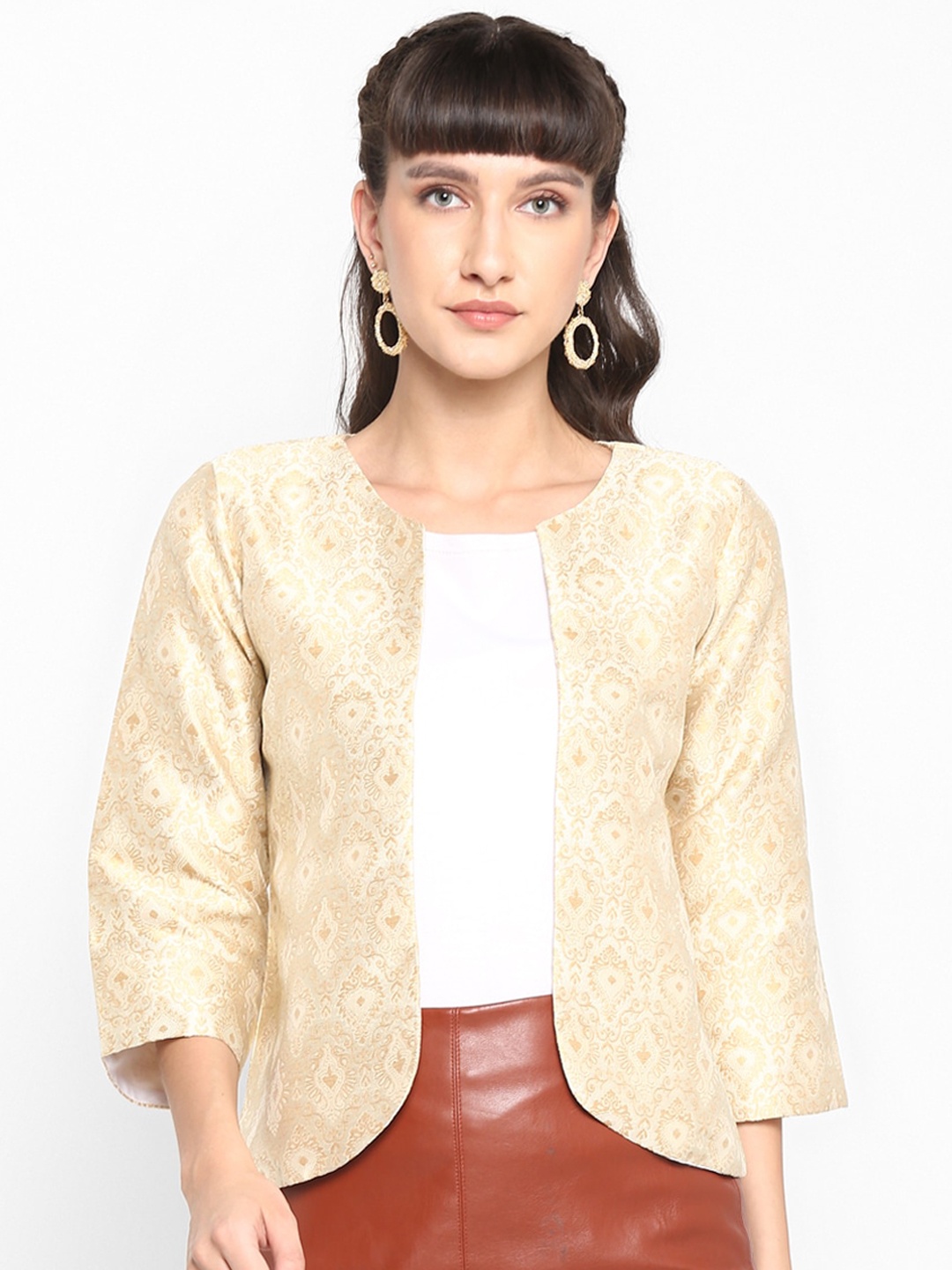 

Hangup Women Beige Self Design Lightweight Jacquard Open Front Jacket